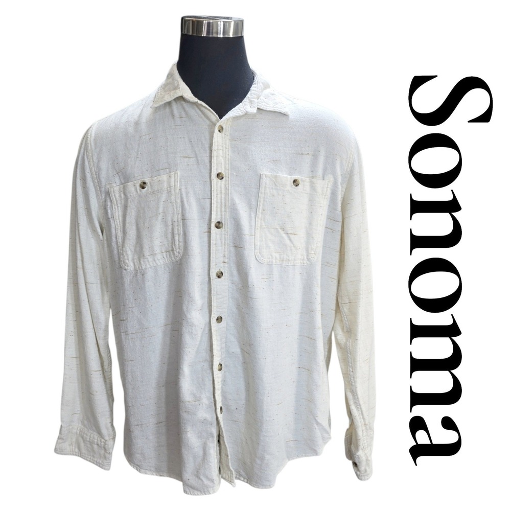 Sonoma Button Up Shirt Men XL Ivory 100% Cotton Textured Long Sleeve Classic